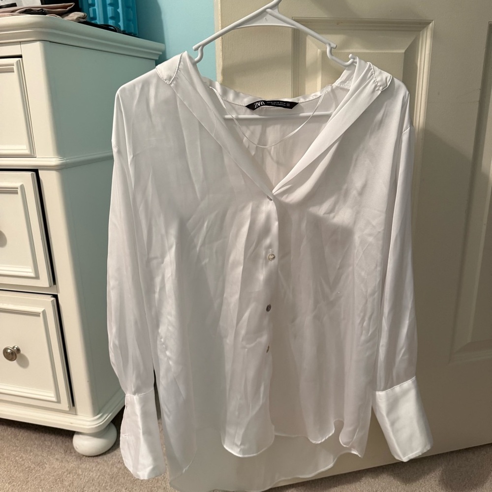 Zara White Long Sleeve Button Down Shirt with Sailor Collar